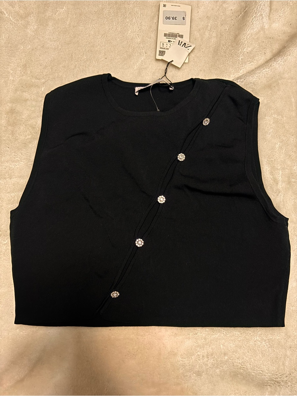 Zara Black Ribbed Tank with Diagonal Jewel Buttons